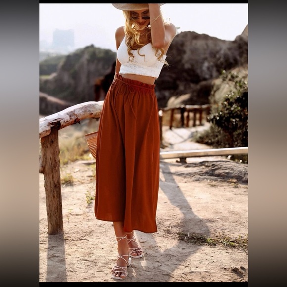 SHEIN Paper Bag Waist Split Thigh Knot Front Skirt. Burnt Orange. Size Small - Picture 3 of 9